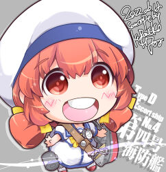 Rule 34 | 1girl, blue sailor collar, character name, chibi, depth charge, dress, hair rings, hat, highres, kaiboukan no. 4 (kancolle), kantai collection, kuroneko (kuroneko works), low twintails, open mouth, puffy short sleeves, puffy sleeves, red eyes, red hair, rigging, sailor collar, sailor dress, sailor hat, short hair, short sleeves, solo, twintails, white dress