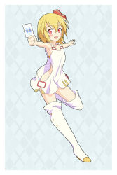 Rule 34 | 10s, 1girl, :d, argyle, argyle background, argyle clothes, armpits, bare shoulders, blonde hair, blush stickers, boots, card, cato (monocatienus), clothing cutout, cosplay, dress, flat chest, hair ribbon, highres, looking at viewer, no bra, no panties, open mouth, outstretched arms, red eyes, ribbon, rumia, short hair, side cutout, sleeveless, sleeveless dress, smile, solo, tama (wixoss), tama (wixoss) (cosplay), thigh boots, thighhighs, grid background, touhou, white dress, wixoss