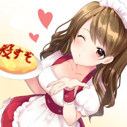 Rule 34 | 1girl, absurdres, apron, blush, breasts, brown hair, closed mouth, collarbone, commentary request, derori, dutch angle, food, frilled apron, frills, heart, highres, holding, holding plate, long hair, maid, maid headdress, medium breasts, omelet, omurice, one eye closed, original, plate, puffy short sleeves, puffy sleeves, red eyes, red skirt, shirt, short sleeves, skirt, solo, translation request, waist apron, white apron, white shirt, wrist cuffs
