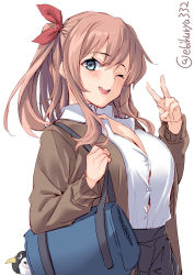 Rule 34 | 1girl, alternate costume, bag, blue eyes, blush, breasts, brown hair, cleavage, collared shirt, ebifurya, failure penguin, hair ornament, hair ribbon, highres, holding, holding bag, kantai collection, large breasts, miss cloud, one-hour drawing challenge, one eye closed, ponytail, ribbon, saratoga (kancolle), school uniform, shirt, shoulder bag, smile, solo, v, white background, white shirt