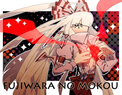 Rule 34 | 1girl, arm strap, bow, character name, covering one eye, female focus, fujiwara no mokou, hair bow, long hair, no mouth, no nose, one-eyed, open clothes, open shirt, red eyes, scarf, shirt, solo, sparkle, suspenders, touhou, unbuttoned, white hair