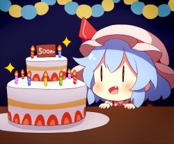 Rule 34 | 1girl, 60mai, :d, blue background, blue hair, blush, cake, candle, chibi, commentary request, dress, fang, food, hat, hat ribbon, mob cap, open mouth, pink dress, pink hat, portrait, red ribbon, remilia scarlet, ribbon, short hair, simple background, smile, solo, sparkle, touhou, | |
