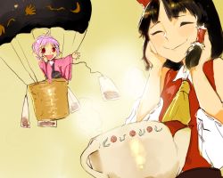 Rule 34 | 2girls, 8tan, aircraft, ascot, black hair, bow, brown background, closed eyes, detached sleeves, floral print, flower, hair bow, hair tubes, hakurei reimu, hands on own cheeks, hands on own face, hot air balloon, japanese clothes, kimono, md5 mismatch, mini person, minigirl, multiple girls, no headwear, open mouth, pink eyes, pink hair, red eyes, resized, ribbon-trimmed sleeves, ribbon trim, rose, short hair, sketch, sleeveless, smile, steam, sukuna shinmyoumaru, teabag, teapot, throwing, touhou