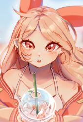 Rule 34 | 1girl, :o, blush, brown hair, camisole, collarbone, commentary, cudlil, cudlil (character), cup, disposable cup, drinking straw, english commentary, floating hair, food, fruit, hair ribbon, highres, jacket, looking at viewer, off shoulder, open mouth, orange eyes, orange jacket, orange ribbon, original, parted bangs, ribbon, solo, strawberry, white camisole
