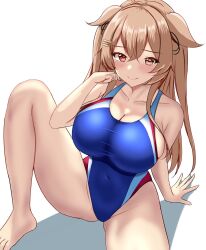 1girl blue_one-piece_swimsuit blush breasts brown_eyes cleavage competition_swimsuit covered_navel hair_between_eyes hair_flaps hair_ornament hair_ribbon heterochromia highleg highleg_one-piece_swimsuit highres impossible_clothes impossible_swimsuit kantai_collection large_breasts light_brown_hair long_hair looking_at_viewer montemasa multicolored_clothes multicolored_swimsuit murasame_(kancolle) murasame_kai_ni_(kancolle) one-hour_drawing_challenge one-piece_swimsuit red_eyes ribbon shadow simple_background sitting smile solo swimsuit twitter_username two-tone_swimsuit white_background