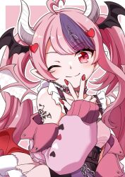Rule 34 | 1girl, ahoge, arm tattoo, black wings, chain, choker, collarbone, demon girl, demon horns, demon wings, dress, earrings, hair ornament, head wings, heart, heart ahoge, heart choker, heart earrings, heart hair ornament, highres, horns, ironmouse, ironmouse (13th costume), jacket, jewelry, long hair, multicolored clothes, multicolored dress, off shoulder, one eye closed, pink background, pink choker, pink eyes, pink hair, pink jacket, pointy ears, purple hair, red nails, red wings, sleeves past wrists, smile, solo, spiked choker, spikes, tattoo, v, virtual youtuber, vshojo, white horns, wings, yui mirano