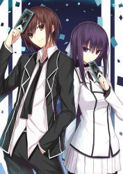 Rule 34 | 1boy, 1girl, bow, bowtie, brown eyes, brown hair, card, cowboy shot, gradient background, hands in pockets, holding, holding card, jacket, kauto, long sleeves, mirai shousetsu arcana, necktie, open clothes, open jacket, original, pants, pleated skirt, purple eyes, purple hair, skirt, smile, striped, striped background