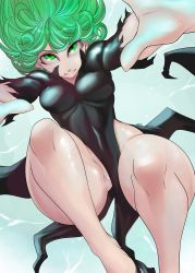 Rule 34 | 1girl, alternate breast size, ass, bare legs, black dress, breasts, covered navel, curly hair, dress, electricity, fingernails, floating, green eyes, green hair, highres, huge ass, looking at viewer, lyn nyl, medium breasts, no panties, noblood (ryandomonica), one-punch man, pussy juice, short hair, skin tight, solo, tatsumaki, thick thighs, thighs, wide hips