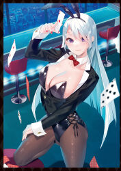 Rule 34 | 1girl, ace (playing card), ace of hearts, animal ears, arm up, bekotarou, black hairband, black jacket, black leotard, bow, bowtie, breasts, brown pantyhose, buttons, card, cleavage, closed mouth, cropped jacket, detached collar, fake animal ears, framed breasts, hairband, hand on own thigh, heart, highres, holding, holding card, jacket, large breasts, leotard, long hair, long sleeves, looking at viewer, nail polish, original, pantyhose, playboy bunny, playing card, purple eyes, rabbit ears, red nails, smile, solo, strapless, strapless leotard, very long hair, white hair