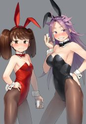 Rule 34 | 2girls, ahoge, alternate costume, animal ears, armpits, bare shoulders, black bow, black hairband, black leotard, black neckwear, blush, bow, bowtie, breasts, brown eyes, brown legwear, cleavage, contrapposto, covered navel, cowboy shot, cup, detached collar, drinking glass, fake animal ears, grey background, hairband, hand on own hip, heibonkaeru, holding, holding cup, holding drinking glass, ice, ice cube, jun&#039;you (kancolle), kantai collection, legs apart, leotard, long hair, looking at viewer, medium breasts, multiple girls, nose blush, pantyhose, parted bangs, playboy bunny, purple eyes, purple hair, rabbit ears, rabbit tail, red bow, red leotard, red neckwear, ryuujou (kancolle), shiny skin, simple background, small breasts, standing, straight hair, strapless, strapless leotard, tail, twintails, v-shaped eyebrows, very long hair, wrist cuffs