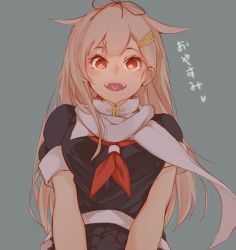Rule 34 | 10s, 1girl, :d, bad id, bad twitter id, blonde hair, blush, commentary request, grey background, hair flaps, hair ribbon, hana mori, heart, heart-shaped pupils, heart in mouth, jpeg artifacts, kantai collection, long hair, neckerchief, open mouth, red neckerchief, ribbon, scarf, short sleeves, smile, solo, symbol-shaped pupils, white scarf, yuudachi (kancolle), yuudachi kai ni (kancolle)