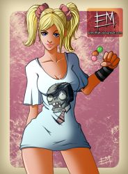 Rule 34 | 1girl, blonde hair, blue eyes, breasts, cameo, candy, cleavage, contrapposto, ed moffat, food, highres, juliet starling, lips, lollipop, lollipop chainsaw, long hair, plants vs zombies, scrunchie, shirt, solo, standing, t-shirt, twintails, watermark, web address, wristband, zombie (plants vs zombies)