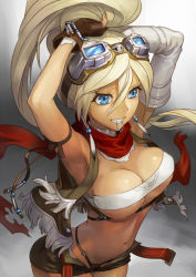 Rule 34 | 1girl, adjusting hair, armpits, bad id, bad pixiv id, bandages, blonde hair, blue eyes, breasts, cleavage, fingerless gloves, from above, gloves, goggles, goggles on head, grin, hair between eyes, large breasts, long hair, mouth hold, scarf, short shorts, shorts, smile, solo, tying hair, unbuttoned, washi no tosaka, z/x