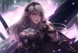 Rule 34 | 1girl, armor, black armor, breasts, brooch, cape, cleavage, corrin (female) (fire emblem), corrin (female) (nohr noble) (fire emblem), corrin (fire emblem), fire emblem, fire emblem fates, gauntlets, jewelry, large breasts, leonmandala, long hair, nintendo, pauldrons, pointy ears, red eyes, revision, shoulder armor, solo, upper body, white hair
