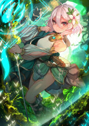 Rule 34 | absurdres, antenna hair, bare shoulders, clenched hand, dress, elf, flower, green dress, hair flower, hair ornament, highres, holding, holding staff, kokkoro (princess connect!), magic, no panties, outdoors, pointy ears, princess connect!, rahanachi, sandals, see-through, see-through sleeves, staff, toeless footwear, white flower