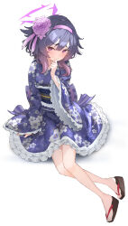 Rule 34 | 1girl, black hair, blue archive, commentary request, flower, frilled kimono, frills, full body, gradient hair, hair between eyes, hair flower, hair ornament, hairband, halo, hand on own chin, haruka (blue archive), haruka (new year) (blue archive), highres, hoshi umi, japanese clothes, kimono, lolita fashion, long sleeves, looking at viewer, multicolored hair, obi, obiage, official alternate costume, okobo, purple eyes, sandals, sash, short hair, short hair with long locks, sidelocks, simple background, sitting, smile, solo, toes, two-tone hair, wa lolita, white background, wide sleeves