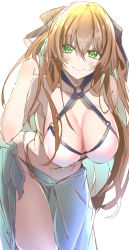 Rule 34 | 1girl, absurdres, bare shoulders, bikini, blue ribbon, breasts, cleavage, closed mouth, collarbone, commentary, e sky rugo, girls&#039; frontline, green eyes, hair ribbon, hand in own hair, hand on back, highres, large breasts, long hair, looking at viewer, o-ring, o-ring bikini, official alternate costume, orange hair, ribbon, sarong, smile, solo, springfield (girls&#039; frontline), springfield (stirring mermaid) (girls&#039; frontline), swimsuit, white background, white bikini