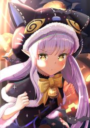 Rule 34 | 1girl, absurdres, animal ears, animal hood, bat (animal), bell, blush, bow, capelet, cat ears, fur trim, halloween, highres, hood, jack-o&#039;-lantern, jingle bell, kyoka (halloween) (princess connect!), kyoka (princess connect!), long hair, looking at viewer, pointy ears, princess connect!, purple hair, ribbon, solo, trick or treat, twintails, very long hair, wanderlucia