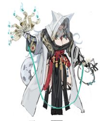Rule 34 | 1girl, artist request, breasts, claws, feet out of frame, flat color, grey hair, highres, holding, holding weapon, hood, horns, japanese clothes, kimono, large breasts, one eye obstructed, red eyes, sketch, smile, weapon, weapon request, white background, white hair