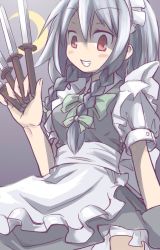 Rule 34 | 1girl, apron, arm at side, between fingers, blouse, blue dress, braid, crescent moon, dress, evil grin, evil smile, grin, hair between eyes, hair ribbon, highres, holding, holding knife, izayoi sakuya, knife, knives between fingers, looking at viewer, maid apron, maid headdress, moon, neck ribbon, puffy short sleeves, puffy sleeves, qt project, red eyes, ribbon, shaded face, shirt, short hair, short sleeves, silver hair, smile, solo, touhou, tress ribbon, twin braids, white shirt