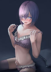 Rule 34 | 1boy, ameya, blush, bra, commentary request, erection, eyes visible through hair, foreskin, frilled bra, frilled panties, frills, hair over one eye, highres, male focus, medium hair, navel, open mouth, original, panties, pectorals, phimosis, purple bra, purple hair, purple panties, purple thighhighs, sitting, smile, solo, thighhighs, trap, underwear