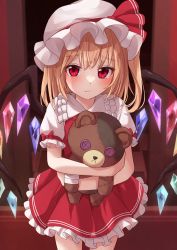 Rule 34 | 1girl, absurdres, alternate hair color, animal ears, bandaged arm, bandages, bear ears, blush, bow, brown hair, closed mouth, collared shirt, commentary request, crystal, dark skin, dress, flandre scarlet, floor, frills, grey hat, grey shirt, hair between eyes, hands up, hat, hat ribbon, highres, hug, indoors, jewelry, light brown hair, looking away, mob cap, multicolored wings, one side up, puffy short sleeves, puffy sleeves, ramie (ramie541), red bow, red dress, red eyes, red ribbon, ribbon, shirt, short hair, short sleeves, solo, standing, stuffed animal, stuffed toy, tears, teddy bear, touhou, toy, upset, wall, wings
