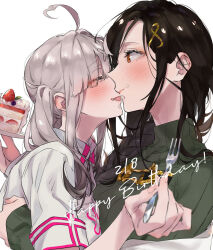 Rule 34 | 2girls, backlighting, black hair, blush, brown eyes, cake, collared shirt, dated, food, fork, fruit, green sweater, hair ornament, happy birthday, highres, holding, holding fork, holding plate, imminent kiss, kiss, kissing cheek, long sleeves, looking at another, multiple girls, nijisanji, one eye closed, parted lips, pink eyes, pink nails, plate, shirayuki tomoe, shirt, shuu-0208, sleeves past wrists, strawberry, sukoya kana, sweater, turtleneck, turtleneck sweater, twintails, upper body, virtual youtuber, white background, white hair, white shirt, x hair ornament, yuri