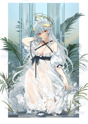 Rule 34 | 1girl, absurdres, arknights, arm behind head, bahao diqiu, bare shoulders, black nails, braid, breasts, cleavage, dress, frilled sleeves, frills, grey hair, halo, highres, large breasts, laurel crown, long hair, looking at viewer, nail polish, parted lips, plant, puffy short sleeves, puffy sleeves, red eyes, see-through, see-through dress, short sleeves, skirt hold, solo, specter (arknights), standing, very long hair, wading, water, waterfall, wet, white dress
