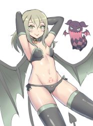 Rule 34 | 1girl, :p, armpits, bikini, black bikini, black gloves, blush, breasts, cameltoe, creature, demon tail, demon wings, elbow gloves, elize lutus, gloves, green eyes, grey hair, heart, heart-shaped pupils, jalm, long hair, looking at viewer, pubic tattoo, simple background, small breasts, smile, solo, spread wings, standing, swimsuit, symbol-shaped pupils, tail, tales of (series), tales of xillia, tattoo, teepo (tales), tongue, tongue out, white background, wings