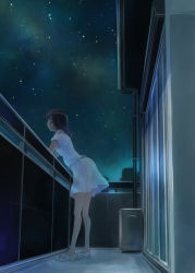 Rule 34 | 1girl, ahoge, arm support, balcony, bare legs, bare shoulders, blouse, breasts, brown hair, building, commentary request, drainpipe, facing away, hair ornament, hairclip, house, ikeda jun (mizutamari), leaning forward, long hair, medium breasts, night, night sky, no socks, off-shoulder shirt, off shoulder, original, outdoors, shirt, shoes, skirt, sky, solo, standing, star (sky), starry sky, white footwear, white shirt, white skirt