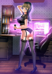 Rule 34 | 1girl, arm behind head, arm up, ass, black bra, black choker, black footwear, black hair, black panties, black shirt, black thighhighs, blue eyes, bookshelf, bra, breasts, can, chair, choker, commentary, commission, cropped shirt, desk, drink can, energy drink, english commentary, fishnet thighhighs, fishnets, from side, garter straps, heel up, high heels, highres, holding, holding can, indoors, kein hasegawa, keyboard (computer), lace, lace-trimmed panties, lace-trimmed shirt, lace-trimmed thighhighs, lace trim, large breasts, lingerie, long hair, looking at viewer, looking back, mixed-language commentary, monitor, monster energy, office chair, original, panties, see-through, shirt, short sleeves, soda can, solo, swivel chair, thighhighs, underwear, wedgie, wooden floor