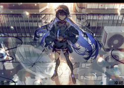 Rule 34 | 1girl, arm at side, asymmetrical legwear, blue eyes, blue hair, blue shorts, breasts, buckle, building, cleavage, closed mouth, collar, commentary request, crop top, floating hair, full body, grey footwear, grey thighhighs, hair between eyes, hand up, jacket, kamitsubaki studio, koko (kamitsubaki studio), letterboxed, long hair, long sleeves, looking at viewer, mebaru, medium breasts, navel, off shoulder, official art, pouch, railing, reflection, ripples, rooftop, shorts, solo, standing, sunlight, tears, thigh strap, thighhighs, transparent, transparent umbrella, umbrella, uneven legwear, virtual youtuber, water drop