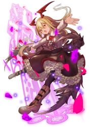 Rule 34 | 10s, 1girl, bad id, bad pixiv id, black pantyhose, black skirt, blonde hair, blouse, boots, full body, granblue fantasy, head wings, highres, hukahire0120, knee boots, long hair, outstretched arms, pantyhose, petticoat, red eyes, shingeki no bahamut, shirt, skirt, solo, vampy, vampy (granblue fantasy), very long hair, white shirt, wings