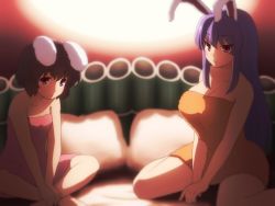 Rule 34 | 2girls, animal ears, bare arms, bare legs, bare shoulders, blurry, blurry background, breasts, brown hair, cleavage, commentary request, crossed legs, hair between eyes, inaba tewi, long hair, looking at viewer, multiple girls, pillow, rabbit ears, rabbit girl, red eyes, reisen udongein inaba, shirosato, short hair, sitting, small breasts, touhou, towel, very long hair