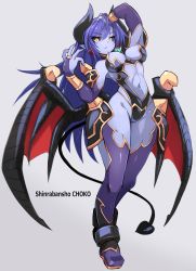 Rule 34 | 1girl, arm up, astaroth (shinrabanshou), bare shoulders, black leotard, black sclera, boots, breasts, bridal gauntlets, brown eyes, center opening, colored sclera, colored skin, commentary request, copyright name, curled horns, demon girl, demon horns, demon tail, demon wings, earrings, fingernails, full body, gold trim, gradient background, grey background, groin, hair between eyes, hand in own hair, hand up, highres, horns, jewelry, karukan (monjya), large breasts, leotard, long hair, looking at viewer, nail polish, navel, pointy ears, purple footwear, purple hair, purple nails, purple skin, purple thighhighs, red wings, shinrabanshou, solo, standing, tail, thigh boots, thighhighs, very long hair, wings