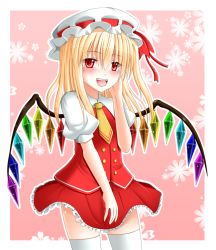 Rule 34 | 1girl, blonde hair, blush, female focus, flandre scarlet, hanazome dotera, hat, hat ribbon, red eyes, ribbon, side ponytail, solo, thighhighs, touhou, white thighhighs, wings