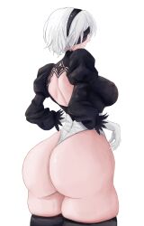 Rule 34 | 1girl, absurdres, ass, back, back cutout, black thighhighs, blindfold, clothing cutout, feather-trimmed sleeves, from behind, gloves, highres, huge ass, juliet sleeves, leotard, long sleeves, nier:automata, nier (series), non-web source, puffy sleeves, short hair, simple background, solo, thick thighs, thighhighs, thighs, thong leotard, white hair, white leotard, 2b (nier:automata)