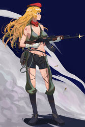 Rule 34 | 1girl, ak-47, ak-47 (girls&#039; frontline), assault rifle, bare shoulders, beret, black footwear, black shorts, blonde hair, blue eyes, boots, breasts, camouflage, camouflage pants, camouflage tank top, cartridge, chuck (harfmoondark), cleavage, collarbone, elbow gloves, firing, girls&#039; frontline, gloves, gun, hat, highres, holding, holding weapon, kalashnikov rifle, long hair, looking up, medium breasts, navel, pants, red hat, red scarf, rifle, scarf, shorts, simple background, solo, standing, weapon, white gloves