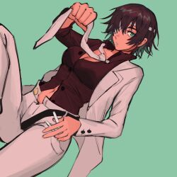 Rule 34 | 1girl, alternate costume, black hair, black shirt, breasts, chainsaw man, cigarette, collared shirt, eyepatch, formal, green background, green eyes, highres, himeno (chainsaw man), holding, holding cigarette, holding necktie, jacket, liowig, looking at viewer, medium breasts, navel, necktie, pants, partially unbuttoned, shirt, short hair, simple background, solo, suit, suit jacket, tongue, tongue out, white jacket, white necktie, white pants