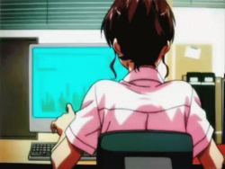 Rule 34 | 00s, 1girl, animated, animated gif, bouncing breasts, breasts, brown eyes, brown hair, chair, computer, glasses, horibe hiderou, interlude, large breasts, looking back, lowres, marufuji izumi, office lady, open mouth, pink shirt, ponytail, ribbon, shirt