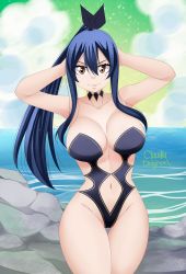 Rule 34 | 1girl, absurdres, armpits, arms behind head, arms up, artist name, black hair, black ribbon, black one-piece swimsuit, breasts, choker, claudia dragneel, cleavage, cowboy shot, eden&#039;s zero, hair between eyes, hair ribbon, highres, homura kogetsu, impossible clothes, impossible swimsuit, large breasts, long hair, looking at viewer, one-piece swimsuit, onsen, outdoors, red eyes, revealing clothes, ribbon, sky, solo, star (sky), starry sky, steam, swimsuit, tagme, thighs