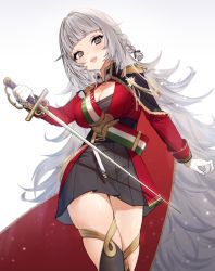 Rule 34 | 1girl, aiguillette, azur lane, braid, breasts, cleavage, commentary request, epaulettes, gloves, grey eyes, holding, holding weapon, italian flag, large breasts, long hair, looking at viewer, military, military uniform, open mouth, rapier, silver hair, skindentation, solo, sword, symbol-only commentary, thighhighs, uhhgaoh, uniform, very long hair, vittorio veneto (azur lane), weapon, white gloves