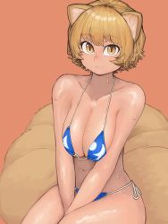 Rule 34 | 1girl, :/, absurdres, animal ears, between legs, bikini, blonde hair, blush, breasts, chanta (ayatakaoisii), closed mouth, commentary request, fox ears, fox tail, hand between legs, highres, navel, nose blush, pink background, short hair, side-tie bikini bottom, simple background, sitting, solo, sweat, swimsuit, tail, touhou, yakumo ran