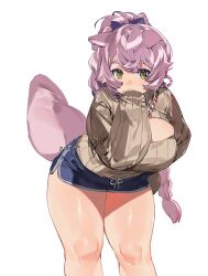 Rule 34 | 1girl, animal ears, artist name, blue shorts, bow, breasts, dolphin shorts, feet out of frame, green eyes, hair between eyes, hair bow, highres, ierotak, large breasts, leaning forward, long hair, long sleeves, looking at viewer, meme attire, mole, mole on breast, open-chest sweater, original, pink hair, pink tail, ribbed sweater, shorts, simple background, sleeves past wrists, solo, sweater, thick thighs, thighs, turtleneck, twitter username, white background