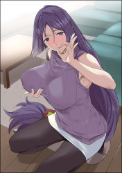 Rule 34 | 1girl, bare shoulders, blush, breast hold, breasts, coffee table, couch, covered erect nipples, fate/grand order, fate (series), fellatio gesture, highres, indoors, jewelry, kneeling, large breasts, long hair, looking at viewer, low-tied long hair, matching hair/eyes, minamoto no raikou (fate), miniskirt, open mouth, pantyhose, parted bangs, pencil skirt, purple eyes, purple hair, purple sweater, ribbed sweater, ring, skirt, slippers, solo, squatting, sweater, sweater vest, table, turtleneck, very long hair, wedding band, white skirt, wooden floor, yoshiki360