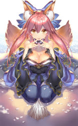 Rule 34 | 10s, 1girl, animal ear fluff, animal ears, blue thighhighs, bow, breasts, brown eyes, cherry blossoms, cleavage, commentary request, detached collar, detached sleeves, emmmerald, fate/extra, fate (series), fingers together, fox ears, fox tail, hair between eyes, hair bow, japanese clothes, large breasts, looking at viewer, multiple tails, obi, petals, pink hair, sash, sitting, smile, solo, tail, tamamo (fate), tamamo no mae (fate/extra), thighhighs, twintails, wariza