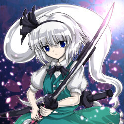 Rule 34 | 1girl, absurdres, alphes (style), black hairband, blue eyes, cherry blossoms, closed mouth, ghost, green skirt, green vest, grey hair, hairband, highres, holding, holding sword, holding weapon, katana, kazakome, konpaku youmu, konpaku youmu (ghost), looking at viewer, parody, shirt, short hair, short sleeves, skirt, solo, style parody, sword, touhou, v-shaped eyebrows, vest, weapon, white shirt