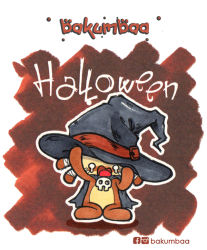 Rule 34 | bakumbaa, bone, cape, full body, halloween, hat, looking at viewer, no humans, o o, red background, simple background, skull, solo, standing, witch hat