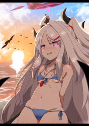 Rule 34 | 1girl, alternate costume, bikini, bird, blue archive, blue bikini, blush, breasts, cloud, cloudy sky, commentary request, covered erect nipples, demon girl, demon horns, demon wings, eyes visible through hair, fumutarou, hair ornament, hairclip, highres, hina (blue archive), horizon, horns, long hair, looking at viewer, navel, ocean, one side up, parted bangs, purple eyes, side-tie bikini bottom, sidelocks, sky, small breasts, solo, stomach, sun, sunlight, sunset, sweat, swimsuit, wavy mouth, whistle, whistle around neck, white hair, wings