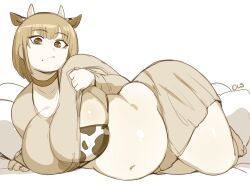 0lightsource 1girl animal_ears animal_print belly breasts clothes_lift cow_ears cow_horns cow_print fat fat_woman horns huge_breasts lying monochrome on_side shirt_lift short_hair solo thick_thighs thighs wide_hips